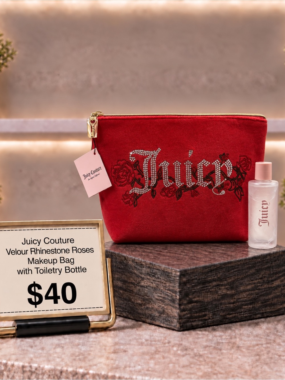 Juicy Couture Red Velour Rhinestone 'Juicy' Floral Makeup Bag
